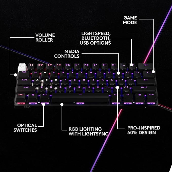 Logitech G PRO X 60 Lightspeed Wireless Gaming Keyboard, Ultra Compact TKL 60% Mechanical Keyboard for Windows PC, LIGHTSYNC RGB, Dual-Shot PBT Keycaps, GX Optical Linear Switches - Black