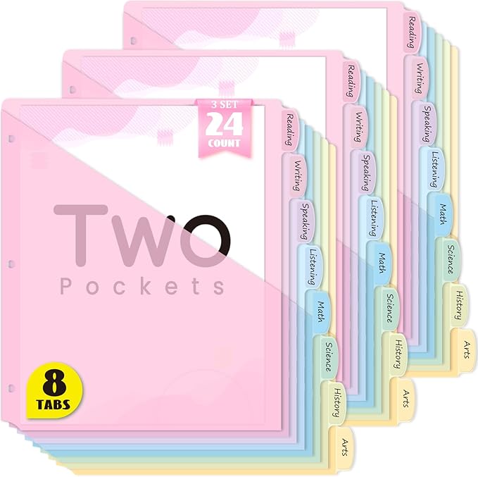 Sooez 8-Tab Binder Dividers with Two Pockets, 8 Tabs Dividers for 3 Ring Binder Organizers, 3-Hole Plastic Sheets Protectors for US Letter Size, School, College, Office Supplies, Pastels, Set of 3