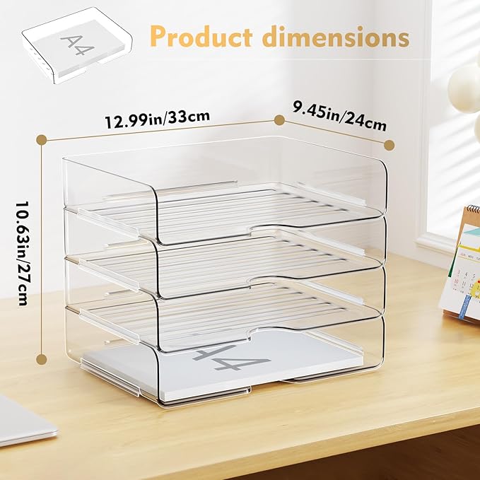 YKLSLH 4 Trays Paper Organizer Letter Tray - Acrylic Desk File Organizer, Stackable Clear Paper Holder Sorter Office Organizer for Letter/A4, Office File Ipad Books Notes Etc