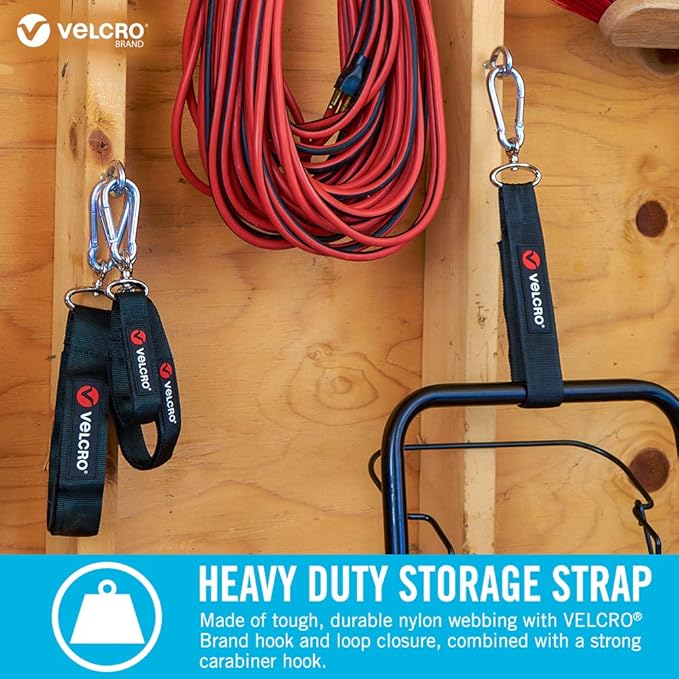 VELCRO Brand VEL-30120-USA Easy Hang Strap. Heavy Duty Outdoor Storage Extension Cords, Cables, Tools, Bikes. Organization for Garden, Shed, RV. Small-1Pk, Black