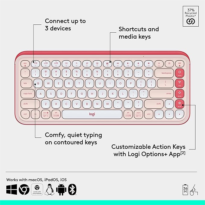 Logitech POP ICON Keys Wireless Bluetooth Keyboard, Comfortable Typing, Programmable Keys, Easy-Switch Between up to 3 Devices, for Laptop, Tablet, PC – Rose and Off-White