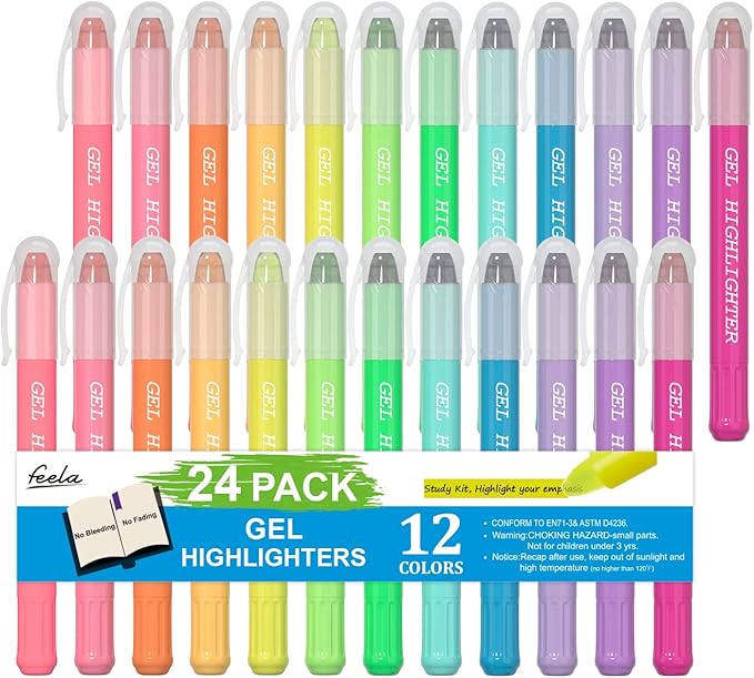 feela 24 Pack Gel Highlighters, 12 Assorted Colors Bible Highlighter Markers Journaling Supplies, No Bleed Through For Highlighting Journal School Office