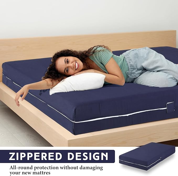 Zippered Mattress Fitted Protector Deep Mattress Encasement Soft Zipper Fitted Sheet Microfiber Bed Sheet Cover for Bed(Navy Blue,Twin,12-16in)