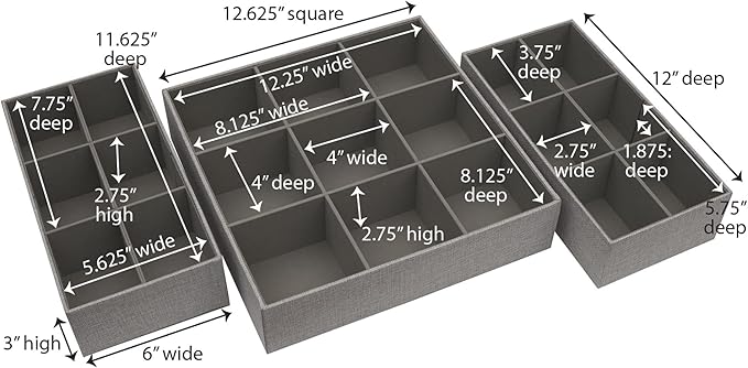 Household Essentials 3 Piece Drawer Organizers Starter Set, Customizable Inserts, Large Tray and 2 Small Trays, Graphite