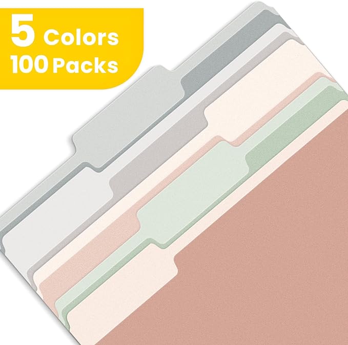 SUNEE File Folders Letter Size Pastel Colors, 100 Pack Manilla Folders 8.5 x 11 1/3-Cut Tabs, Colored File Folders Office Home School for Documents Files Paper