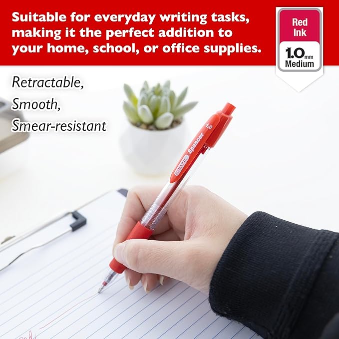 BAZIC Ballpoint Pen Spencer Red Retractable Pen Soft Barrel Grip Pens, 1.0 mm Bold Point Smooth Writing, for Office School Teacher (5/Pack), 1-Pack