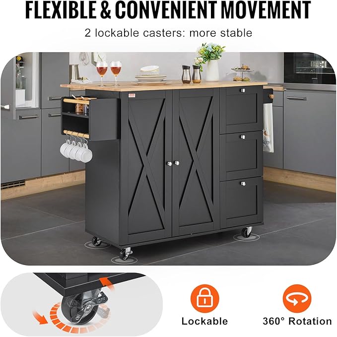 VEVOR Kitchen Island Cart, Rolling Table with Drop Leaf, Spice Rack, Towel Bar, Adjustable Shelf, Drawer, and Hooks, Mobile Island on Wheels, Mobile Carts with Storage Cabinet, 45.3" Wood Top, Black