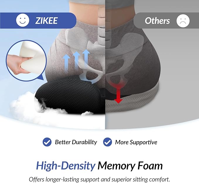 ZIKEE Ergonomic Seat Cushion with Thigh Slope for Long Sitting, Memory Foam Office Chair Cushion for Car, Home, Plane, U-Shaped Design Relieves Hip, Tailbone Pain, Non-Slip Sciatica Pain Relief Pillow