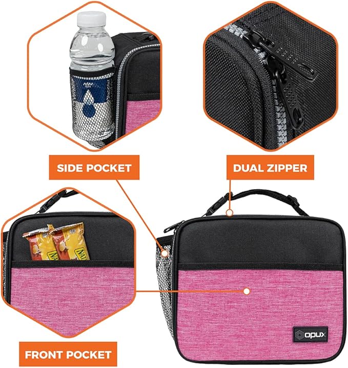 opux Insulated Lunch Bag Kids, Lunch Box for School Boy Girl, Leakproof Small Reusable Compact Soft Mini Cooler Bag, Toddler Small Lunch Boxes Kit Pail with Front Side Pockets (Pink)