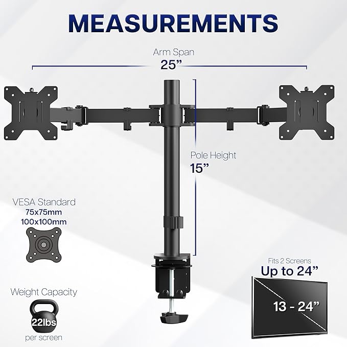 VIVO Dual Monitor Desk Mount, Heavy Duty Fully Adjustable Steel Stand, Holds 2 Computer Screens up to 24 inches and Max 22lbs Each, Black, STAND-V024
