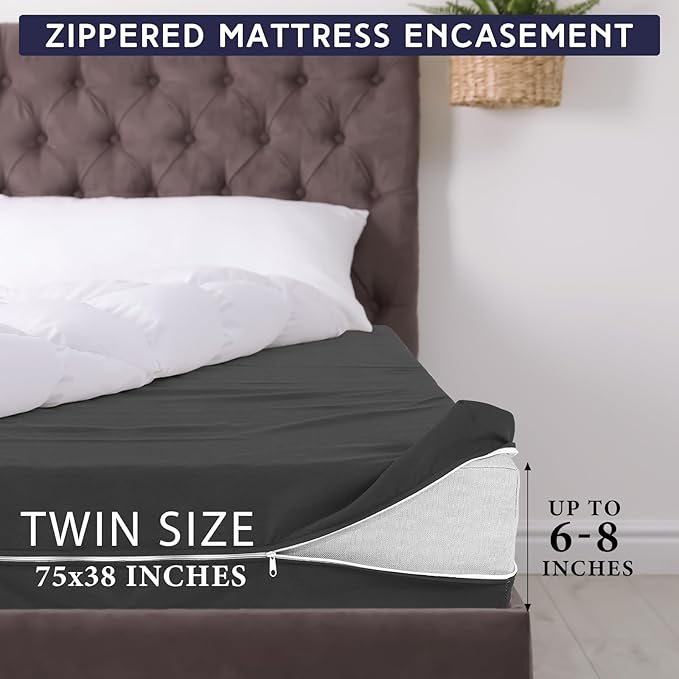 Zippered Mattress Fitted Protector Deep Mattress Encasement Soft Zipper Fitted Sheet Microfiber Bed Sheet Cover for Bed(Dark Gray,Twin,6-8in)