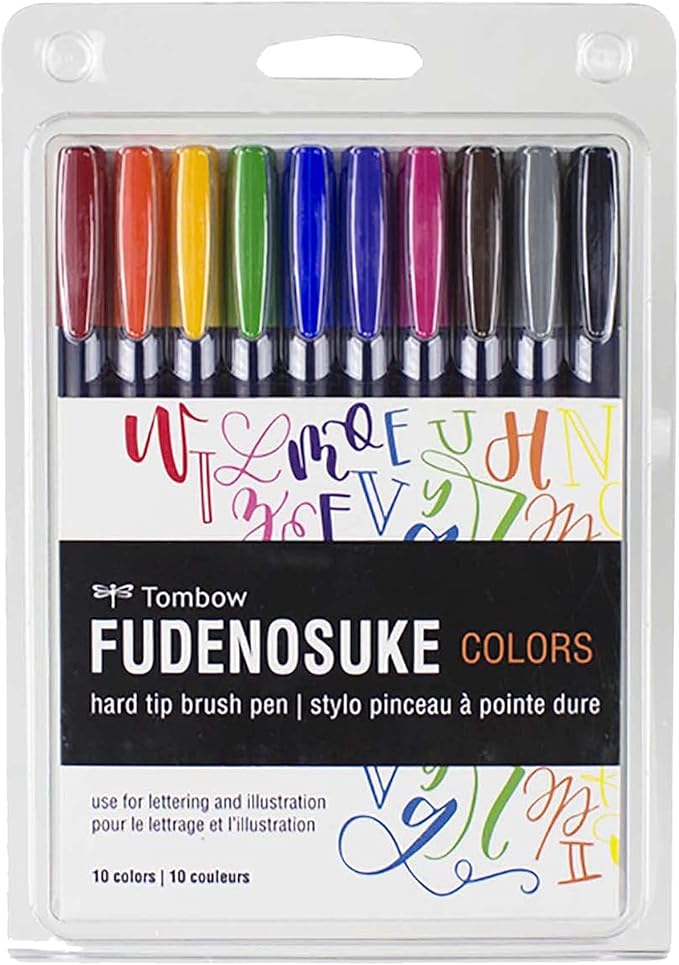 Tombow 56429 Fudenosuke Colors Brush Pens, 10-Pack. Hard Tip Fudenosuke Brush Pens in Assorted Colors for Calligraphy and Art Drawings