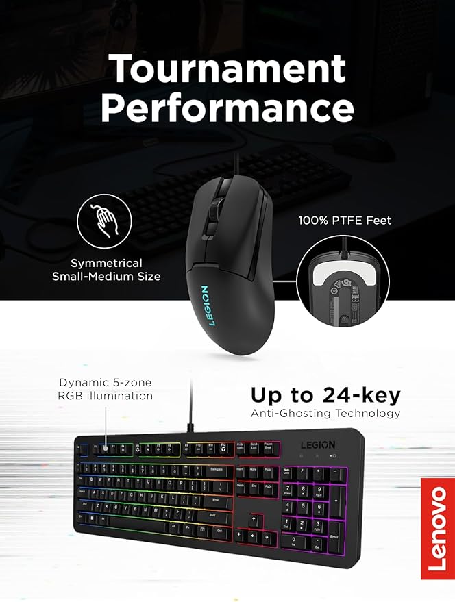 Lenovo Legion KM310 RGB Wired Gaming Keyboard & Mouse Combo - K310 Keyboard w/Silent Operation & Compact Water-Resistant Design - M300S Mouse with 8000 Adjustable DPI, 220 IPS, 6 Programmable Buttons