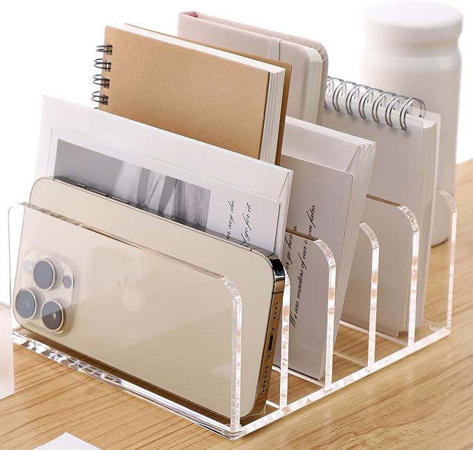 SANRUI Acrylic Desk Organizer, 5 Compartments Mail Organizer,Small File Holders Letter Organizer,Clear Office Organization,Multifunction Sorter Envelope Rack for Office,Home, School