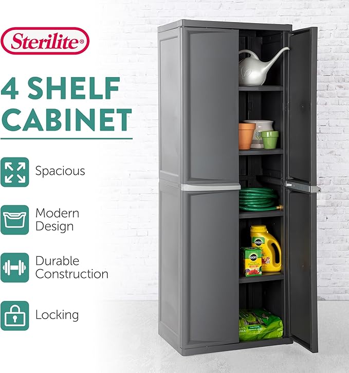 Sterilite 4 Shelf Cabinet, Lockable Utility Storage w/ Adjustable Shelves, Gray - Plastic Shelving Unit for Organizing Garage, Pantry, Basement, Laundry Room or Mudroom