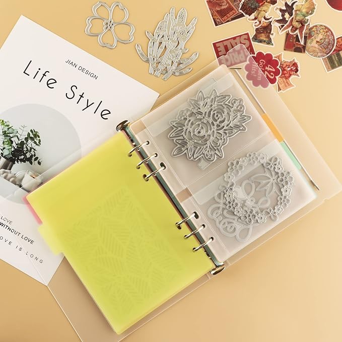 BAOFALI 15PCS Binder Loose Leaf Bags with 5 PCS Tab Binder Dividers and 1pcs 6 Ring Binder Cover for DIY 6 Hole Planner Pages Refill Insert Insert Scrapbooking Paper Card Craft Cutting Dies Storage