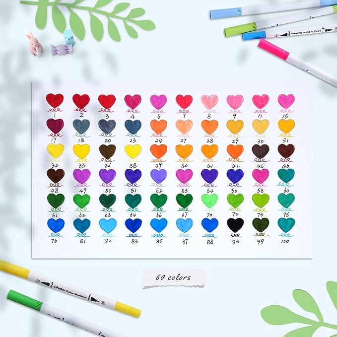 Ohuhu Markers for Adult Coloring Books No Bleeding 60 Colors Coloring Markers Water-based Dual Tips Fineliner & Brush Drawing Pens Art Pens for Kids Adults Sketch Journal - Maui - White