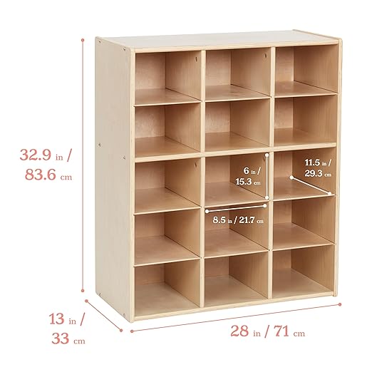 ECR4Kids Streamline 15 Cubby Tray Storage Cabinet, 5x3, Classroom Furniture, Natural