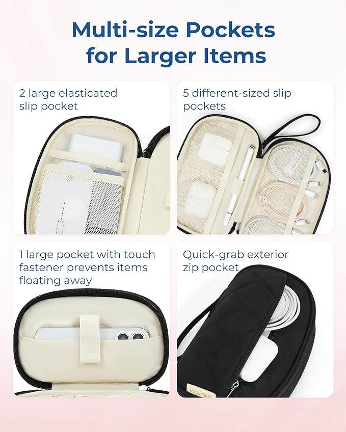 BAGSMART Travel Cord Organizer Electronics Case, Double Layers Puffer Cable Organizer Bag Travel Essentials for Women, Tech Organizer Case for Charger, Phone, Flash Drive - Black