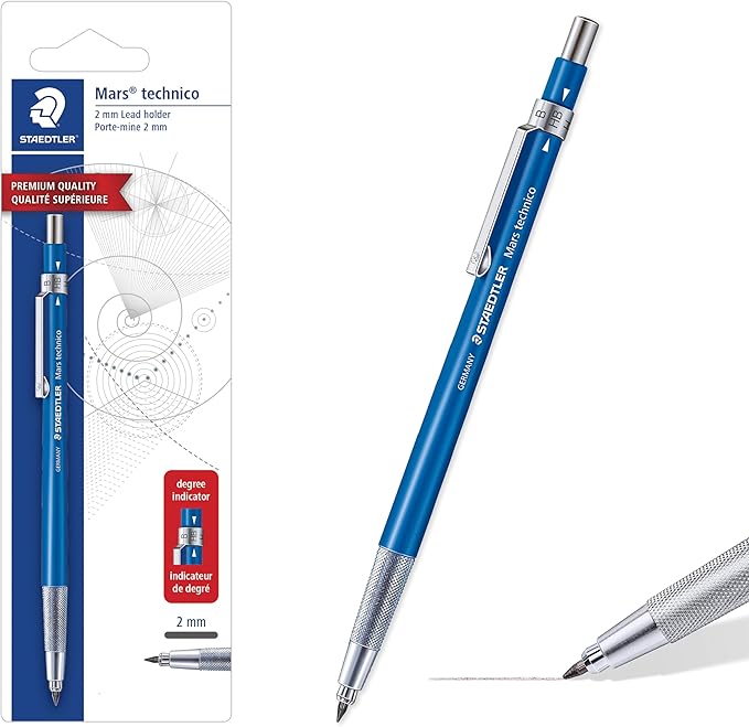 STAEDTLER Mars Tehnical Mechanical Pencil, 2mm (#2) Lead Holder with Built-in Sharpener - Drawing & Sketching Pencil with Metal Clip & Push-Button Lead Advance