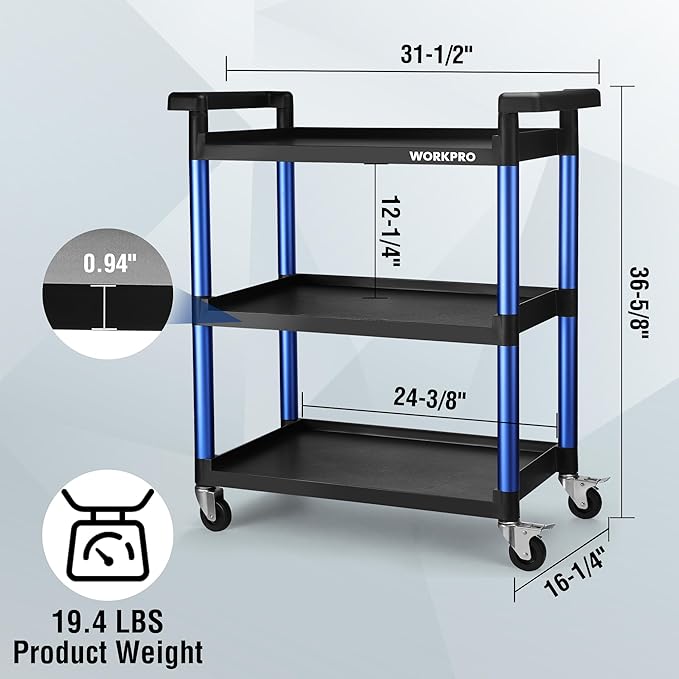 WORKPRO 3-Tier Service Utility Cart, 400LBS Plastic Rolling Cart with Handles & Lockable Wheels, Heavy Duty Storage Cart for Restaurant, Kitchen, Office, Garage, Warehouse