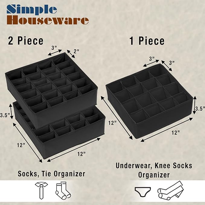 Simple Houseware Sock Drawer Organizer for Dresser/Closet/Bedroom, 3 Pack, Black