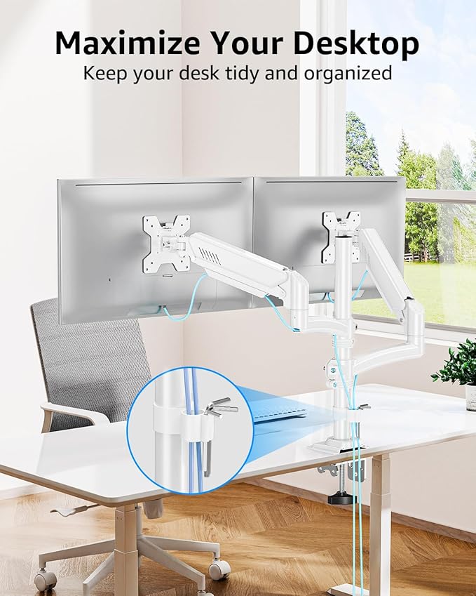 Dual Monitor Stand Holds 4.4-22 lbs Each, Dual Monitor Arm for 2 Monitors, Height Adjustable Computer Desk Mount for Max 32 inch Screens, VESA Mount with C-clamp & Grommet Base, Freelift White