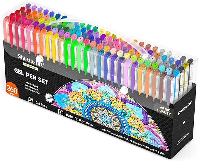 Shuttle Art 260 Pack Gel Pens Set, 130 Colors with 130 Refills for Adults Coloring Books Drawing Crafts Scrapbooking Journaling
