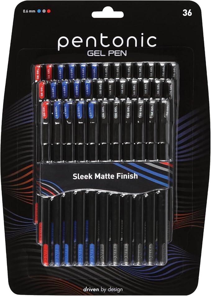 Pentonic Gel Pens, 36 Count, Assorted Colored Ink (20 Black, 12 Blue, 4 Red), 0.6 mm Fine Point, Smooth Writing For Journaling & Notetaking (1002356)