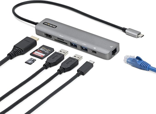 StarTech.com 7-in-1 USB-C Hub, Extra Long Cable Multiport Adapter with Gigabit Ethernet, 4K 60Hz HDMI, Gigabit Ethernet, SD/microSD and 100W Charging for MacBook Pro/Air and Windows