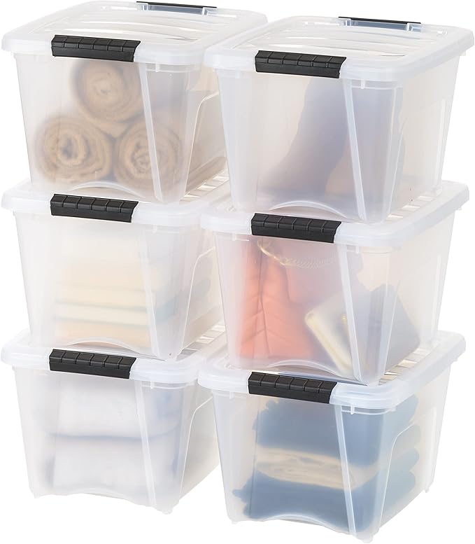 IRIS USA 19 QT Plastic Storage Box with Lid and Latches - 6 Pack - BPA-Free, See-Through Organizing Solution, Durable Nestable Stackable Containers, Secure Pull Handle - Clear