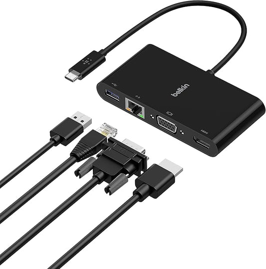 Belkin 4-in-1 USB-C Hub, MultiPort Docking Station for iPad, iPad Mini, & MacBook, Mac Mini, MacBook Air, MacBook Pro with USB-C Gigabit Ethernet, USB-A 3.0, VGA, & 4K HDMI