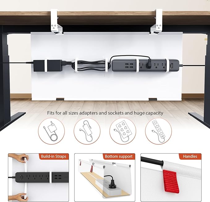 Univivi No Drill Under Desk Cable Management Tray, 28" Cord Organizer for Table, Clamp/Screw Mount Desk Cable Management, Premium Fabric Cable Management Tray for Office, Home
