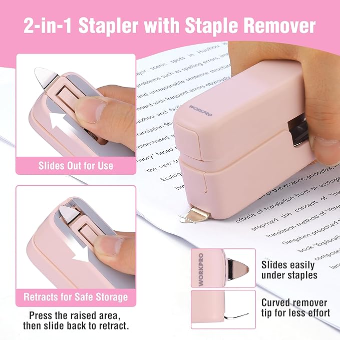 WORKPRO 2-in-1 Stapler with Staples, Pink Stapler with Staple Remover, 40 Sheet Capacity, Flat Clinch, Storage Space, Includes 2000 Standard Staples - Non-Slip Office Staplers for Desk, Pink Ribbon