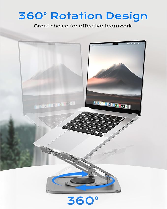 Adjustable Laptop Stand for Desk with 360 Base, Ergonomic Laptop Riser, Mount, Holder Notebook Computer Stand for MacBook Air Pro, HP, Dell, XPS, HP 16" Laptops - Gray