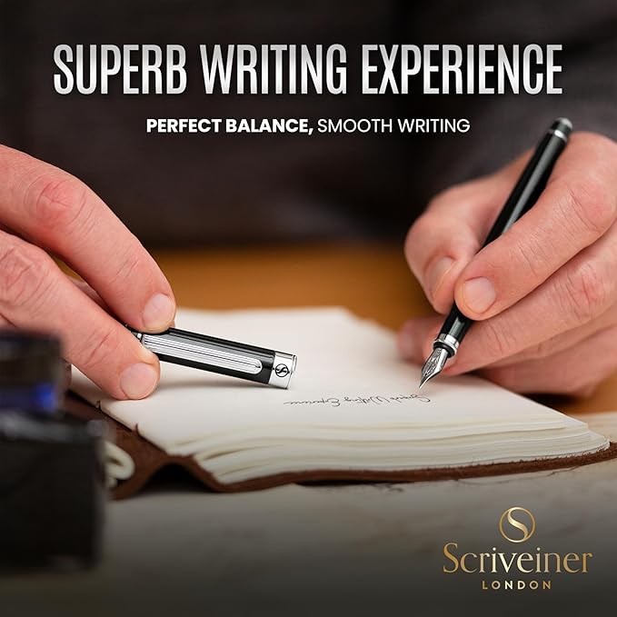 Scriveiner Black Green Fountain Pen - Stunning Luxury Pen with Chrome Finish, Schmidt Nib (Medium), Best Pen Gift Set for Men & Women, Professional, Executive, Office, Nice Pens