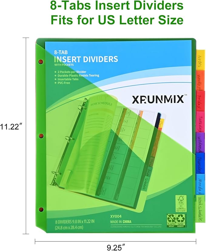 8-Tab Binder Dividers - Index Pockets Divider for 3 Ring Binders, 3-Hole Plastics Sheets Protectors for US Letter Size in 0.5'', 1'', 2'', 3 inch Binders, 8 Colors (XY004) (1 Pack)