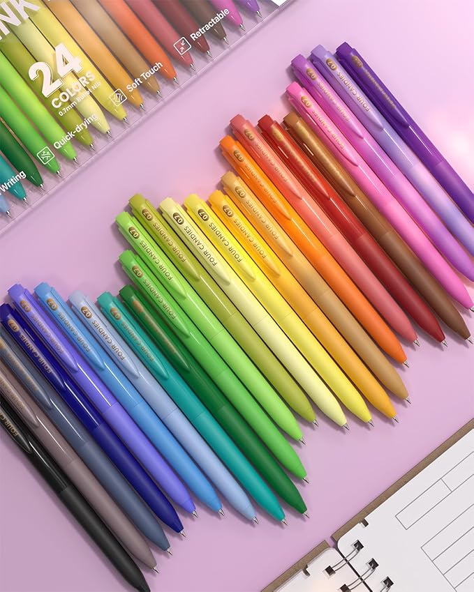 Four Candies Quick Dry Ink Colored Pens Set, 24 Colors Retractable Gel Pen, 0.7mm Fine Point Colorful Pens for Note Taking & Drawing, Colored Gel Pens with Comfort Grip for Office, School & Home