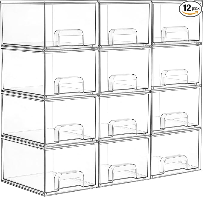 Vtopmart 12 Pack Small Clear Stackable Storage Drawers,Acrylic Bathroom Makeup Organizer,Plastic Storage Bins For Vanity, Undersink, Kitchen Cabinets, Pantry, Home Organization