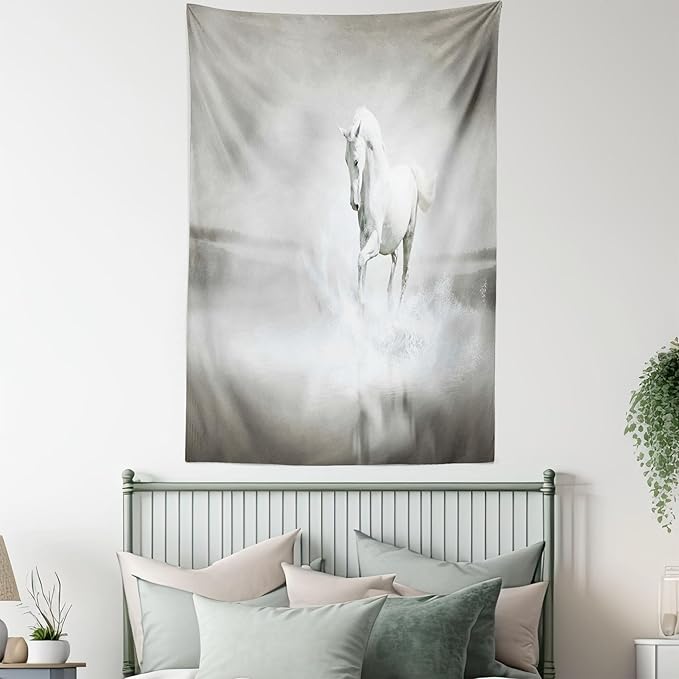Ambesonne Horses Tapestry, Wild Horse Running Through Water Dramatic for the Motivation of Life Art, Fabric Wall Hanging Decor for Bedroom Living Room Dorm, 30" X 45", Black and White