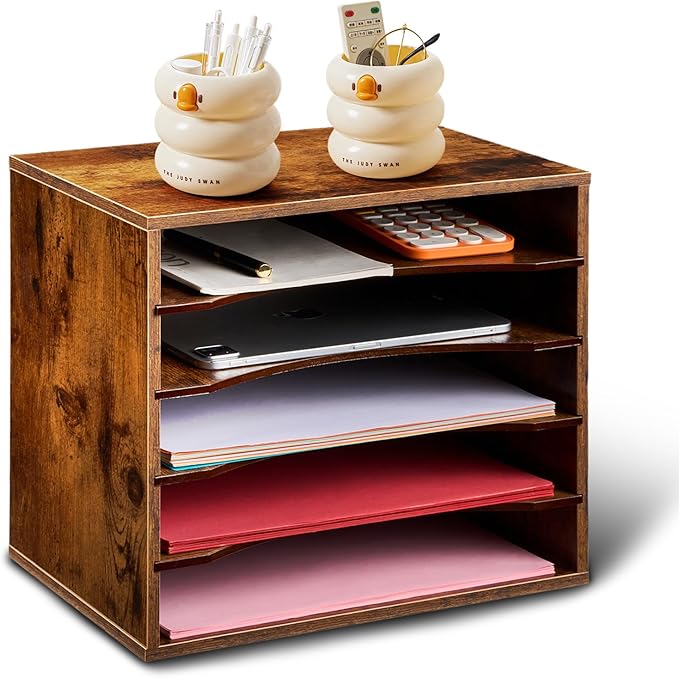 EMERIT Paper Organzier Wood Desktop Organizer Storage Letter Tray File Sorter with Adjustable Shelves for Home Office