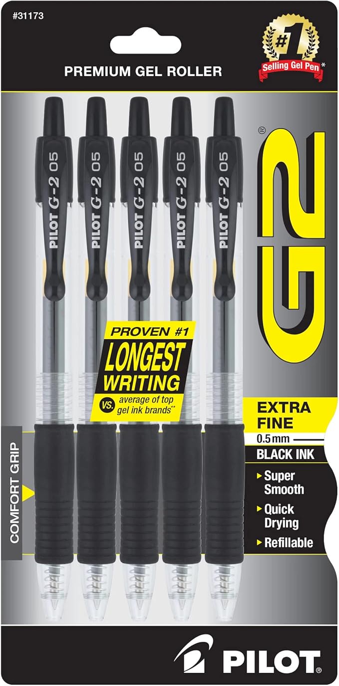 Pilot G2 Premium Gel Roller Pens, Extra Fine Point 0.5 mm, Gel Pens Black, Pack of 5 - Ideal for School, Journaling & Office Writing