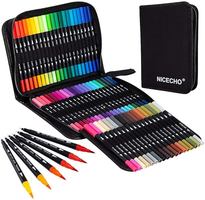Nicecho Art Markers Dual Brush Pens for Coloring, 60 Artist Colored Marker Set, Fine and Brush Tip Pen Art Supplier for Adult Coloring Books, Bullet Journaling, Drawing