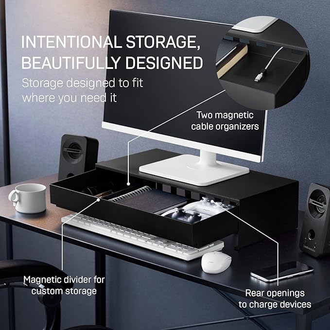 YAMAZAKI Home Tower Monitor Stand With Drawer – Monitor Riser With Storage, Desk Monitor Stand With Cable Management, Gaming Organizer, Steel, Black - Steel