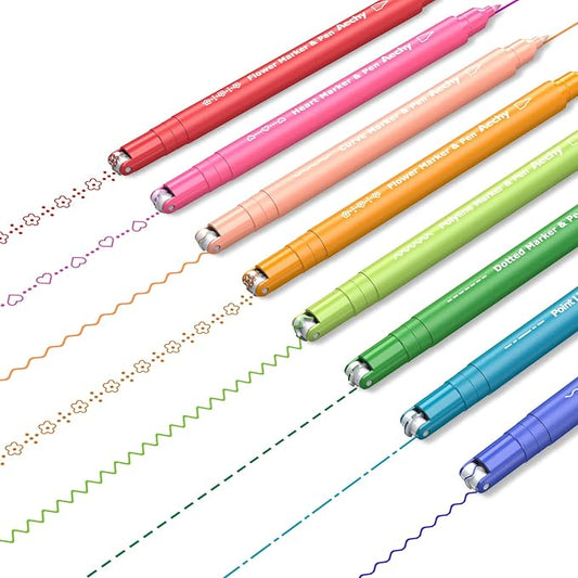 AECHY Curve highlighter pens for Note Taking, Dual Tip Pens with 6 Different Curve Shapes & 8 Colors Fine Lines, Colored Curve Flair Pen Set for Kids Journaling Scrapbook Note Taking Supplies(Rainbow)