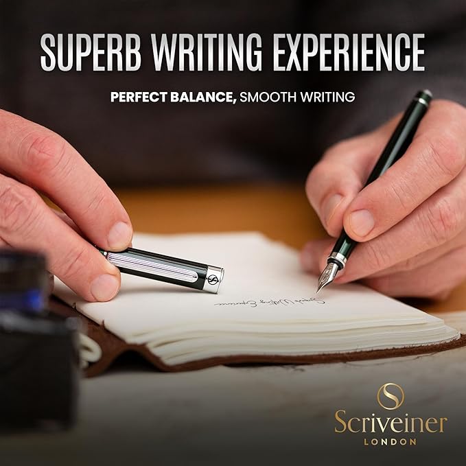Scriveiner British Racing Green Fountain Pen - Stunning Luxury Pen with Chrome Finish, Schmidt Nib (Medium), Best Pen Gift Set for Men & Women, Professional, Executive, Office, Nice Pens