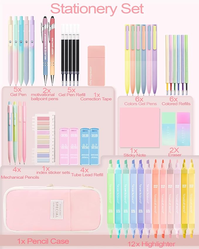 53PCS Aesthetic School Supplies with Large Pencil Case,12 Pastel Highlighters,5 Black & 6 Color Ink Gel Pens,2 Inspirational Stylus Ballpoint Pens,4 Mechanical Pencils 0.5-0.7mm Student Essentials