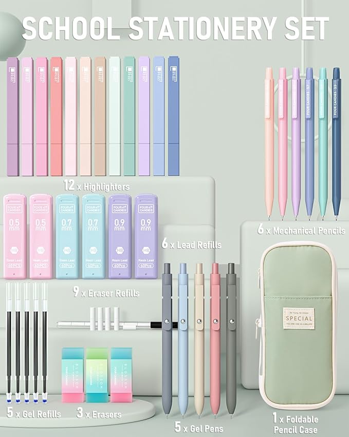 Four Candies 39 PCS Aesthetic School Supplies with Cute Pen Case, 12 Pastel Highlighters, 5 Black Ink Gel Pens, 6 Mechanical Pencils Set for Students Stationary College Essentials (Green)