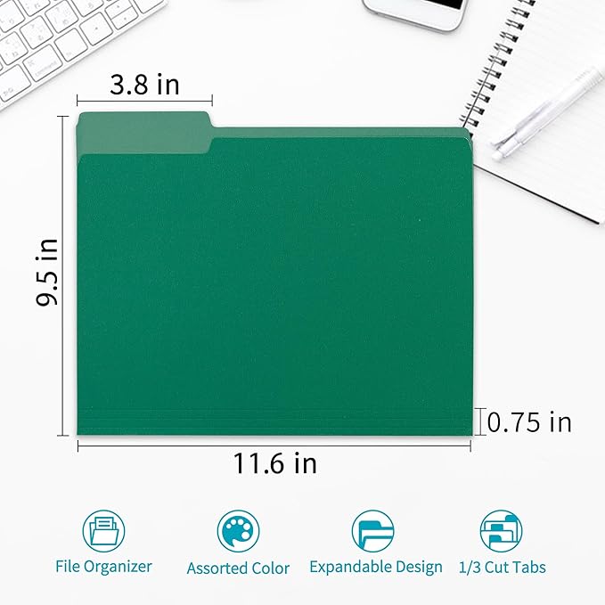 36 Packs Colored File Folders,Green File Folders,Two Tone Color File Folder 8.5 x 11 Inch,1/3 Cut Tabs Letter Size,Manila File Folders for Office,School and Home,Organization