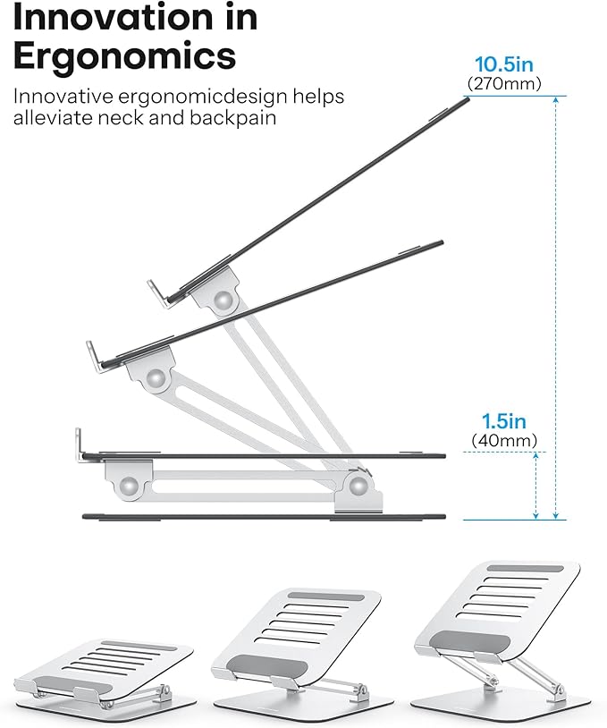 OMOTON Laptop Stand for Desk, Ergonomic Metal Adjustable Laptop Stand, Laptop Holder Riser with Cooling Function, Computer Stand Compatible with MacBook and All Laptops (10-17.2 inch), Silver